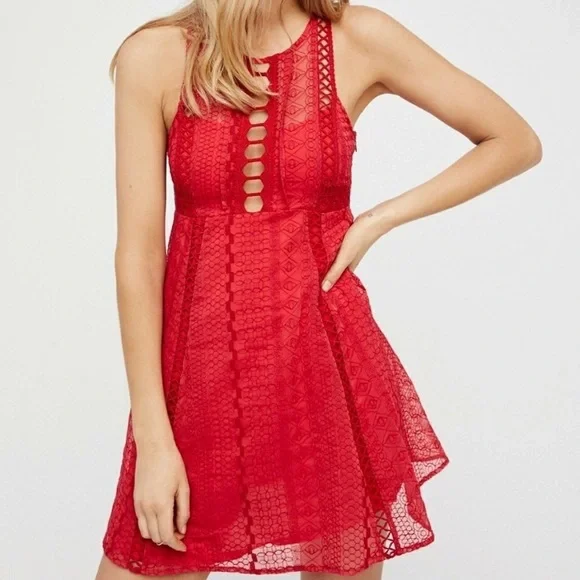 Free People Wherever You Go Crochet Red Lace Mini Dress - Picture 11 of 15